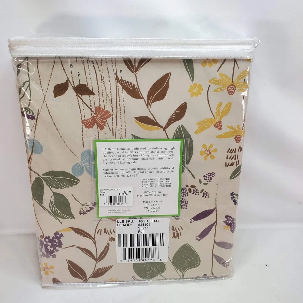 L.L. Bean Percale Bedding Comforter Cover Full Silver Birch Floral Cotton NEW